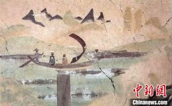 “一人搖櫓晃扁舟，兩人撐篙水上漂?！眻D為莫高窟第323窟《搖櫓帆船》（初唐）?！《鼗脱芯吭汗﹫D