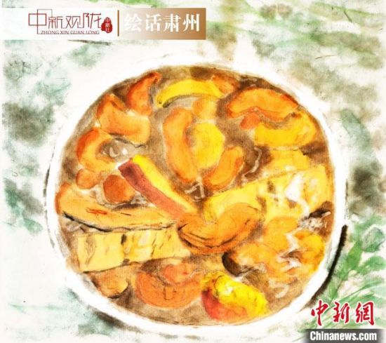 圖為酒泉美食“糊鍋”繪畫作品?！《排d彥 攝