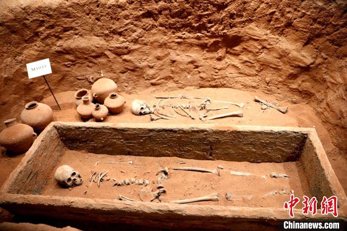 圖為河湟文化博物館復(fù)制展陳的墓葬及其彩陶陪葬品。　薛蒂 攝