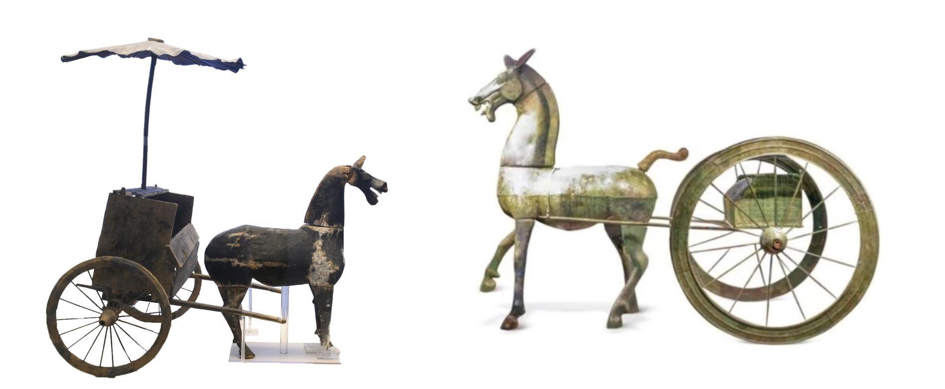 △左為漢代木軺車，藏于青海省博物館；右為東漢銅車馬，藏于黔西南州博物館。